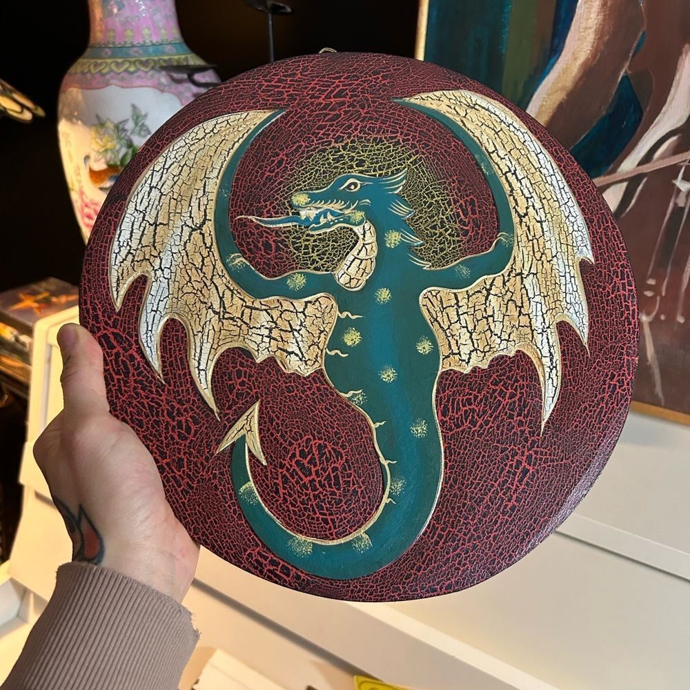 Vintage Hand Carved Green Dragon Wood Wall Plaque Fantasy Decor 15.75”